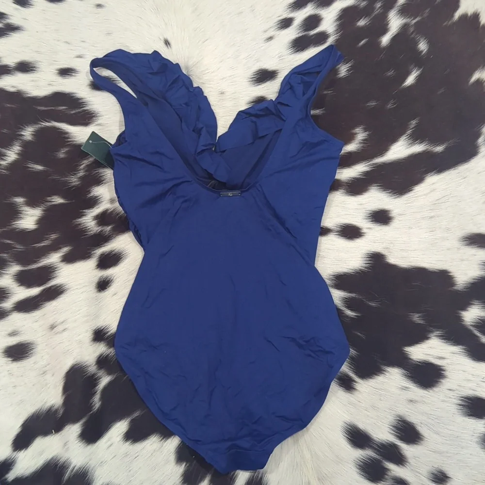 LAUREN RALPH LAUREN Beach Club Ruffle Indigo Blue LR7DB10M one piece sz 14 NWT